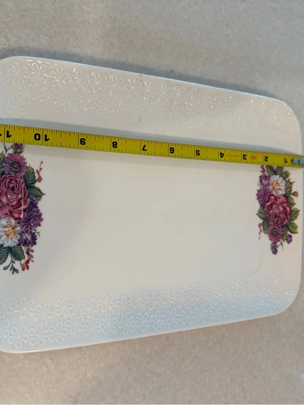 Vintage White Floral Porcelain Serving Tray with Pink and Purple Roses